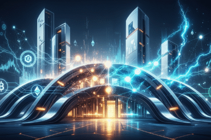 Arte conceitual sofisticada: fusão de finanças tradicionais e criptomoedas em arquitetura abstrata e elegante.
