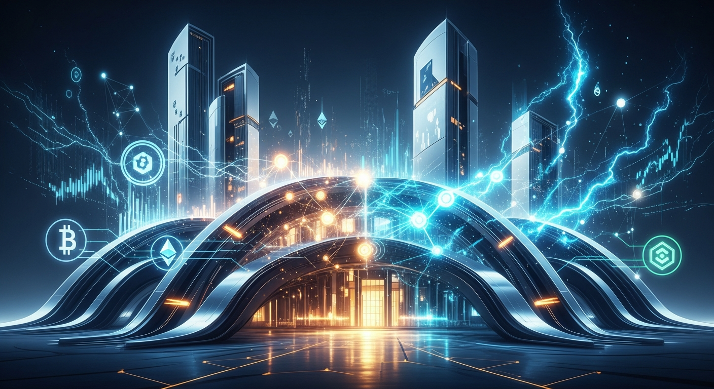 Arte conceitual sofisticada: fusão de finanças tradicionais e criptomoedas em arquitetura abstrata e elegante.