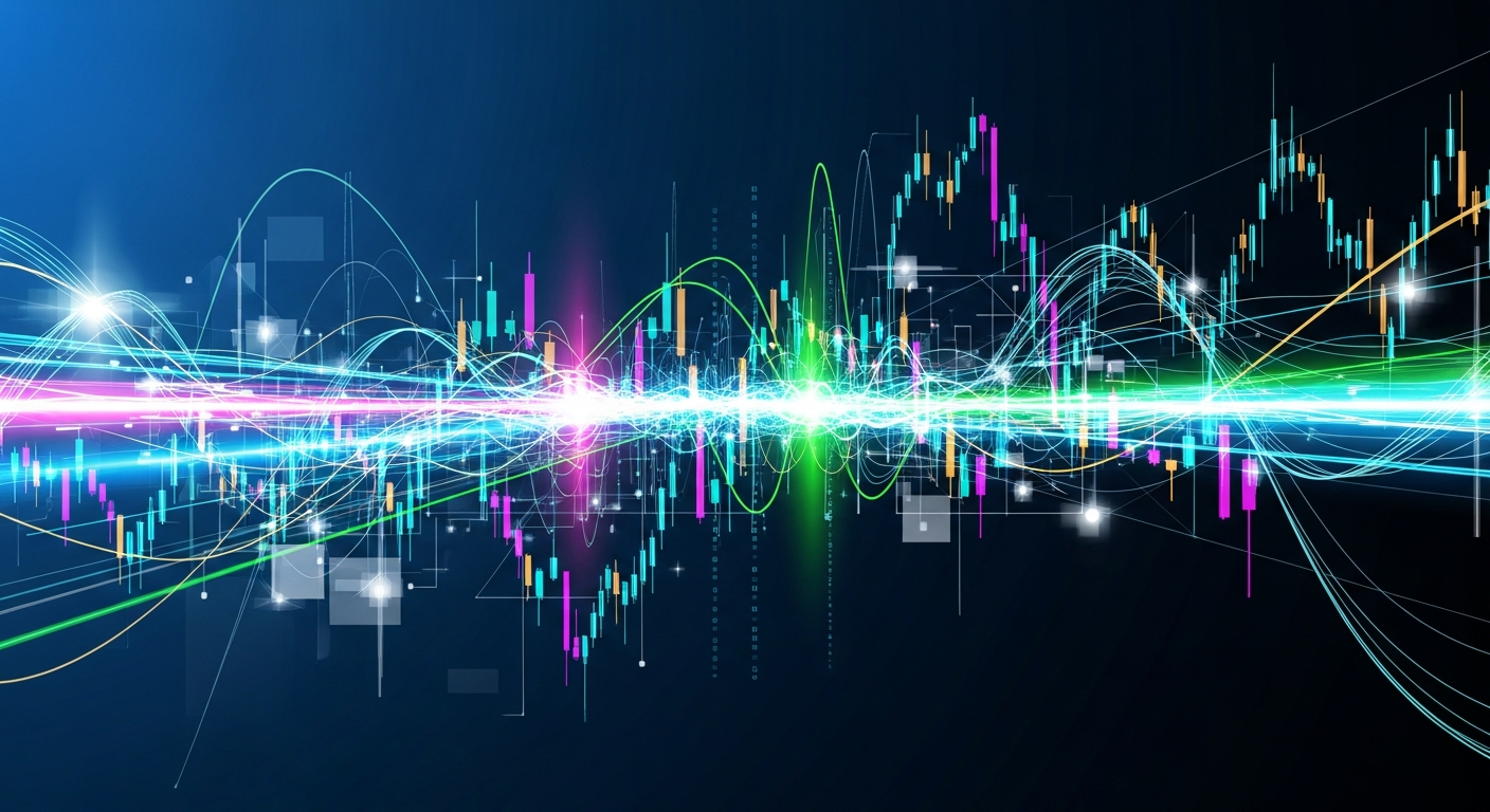 Arte digital abstrata: evolução estratégica do mercado de criptomoedas com rede de dados brilhantes e nós.