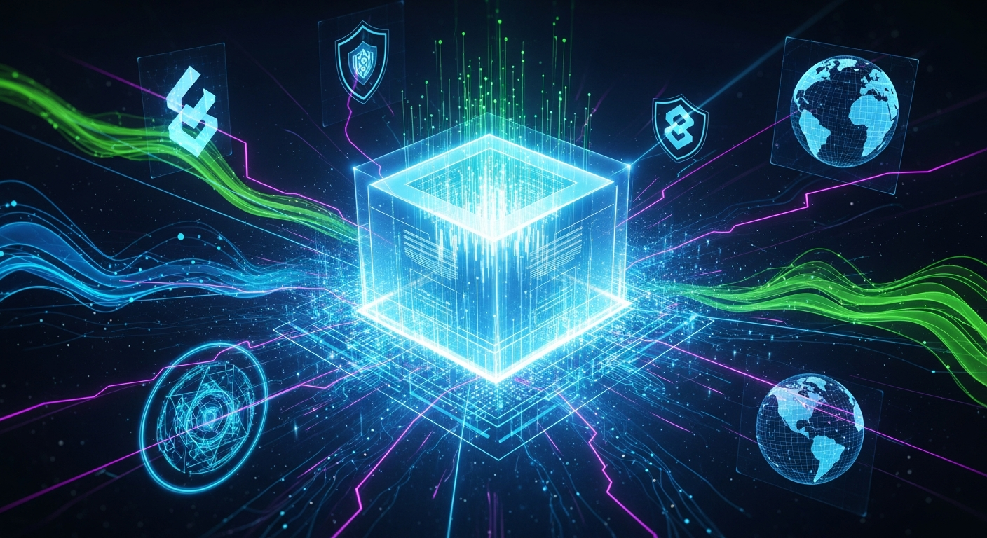 Representação abstrata e estilizada de um ativo digital luminoso central, cercado por fluidos dinâmicos.