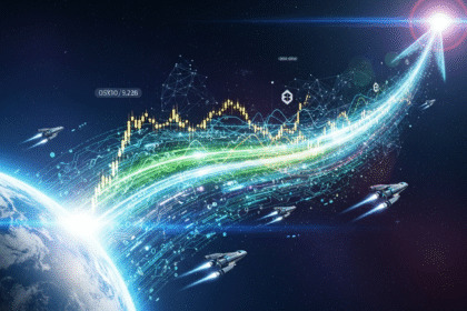 Abstract convergence de tecnologia espacial futurista e finanças digitais, com fluxo dinâmico ascendente.
