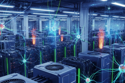 Futuristic Bitcoin mining facility with rows of rigs, AI data streams, and dramatic cool lighting.