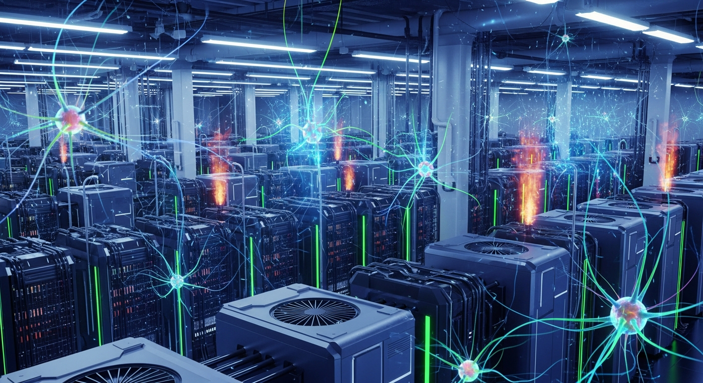 Futuristic Bitcoin mining facility with rows of rigs, AI data streams, and dramatic cool lighting.