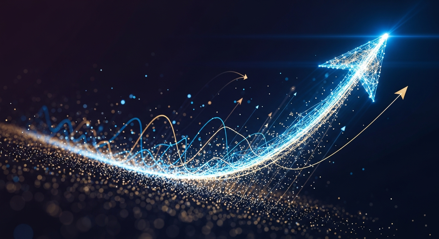 Gráfico digital 3D abstrato e futurista de dados financeiros, com trajetória ascendente proeminente.