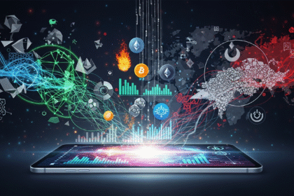 Modern abstract composition: glowing mobile device, cryptocurrency, mobile gaming, and political influence.