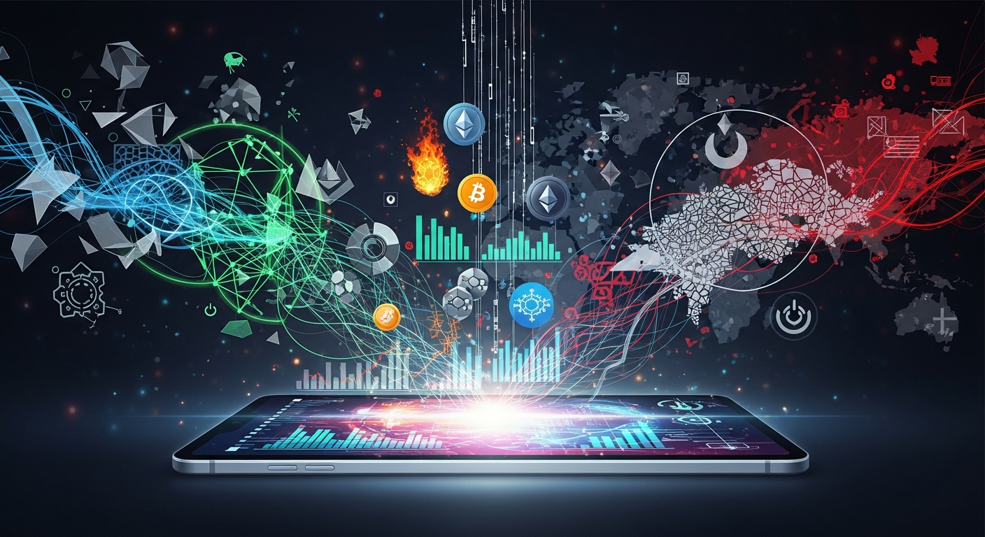 Modern abstract composition: glowing mobile device, cryptocurrency, mobile gaming, and political influence.