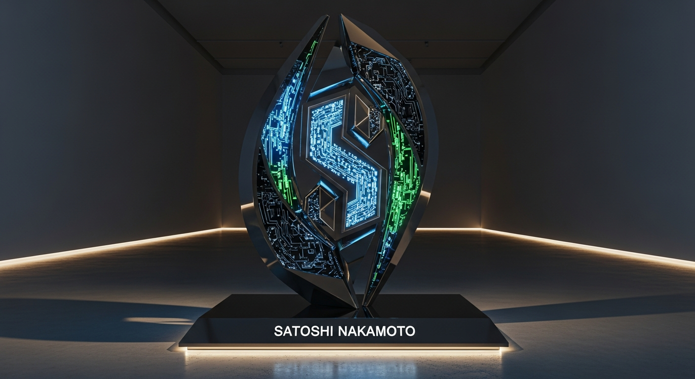 Escultura abstrata futurista de metal escuro polido com padrões de luz azul e verde elétricos.