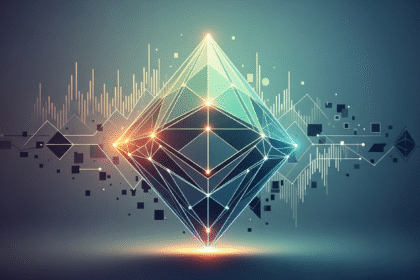 Arte digital abstrata e moderna do mercado de criptomoedas, com forma geométrica sutilmente brilhante.