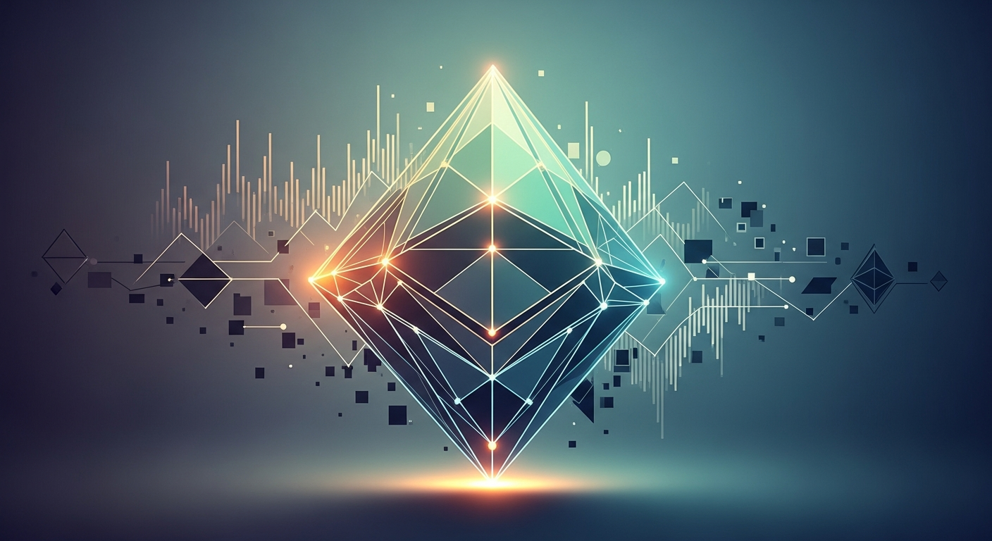 Arte digital abstrata e moderna do mercado de criptomoedas, com forma geométrica sutilmente brilhante.