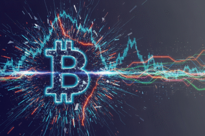 Imagem abstrata moderna: símbolo Bitcoin geométrico, fragmentado e brilhante, ilustrando turbulência do mercado.