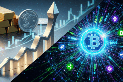 Forma metálica prateada abstrata ascendente, ilustrando a divergência entre metais e criptomoedas.