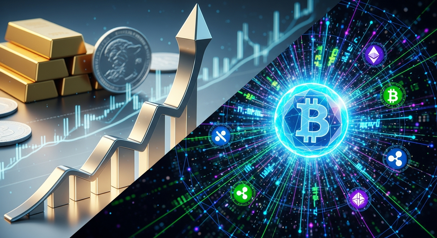 Forma metálica prateada abstrata ascendente, ilustrando a divergência entre metais e criptomoedas.