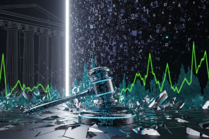 Imagem abstrata de um juiz futurista representando autoridade legal e ativos digitais.