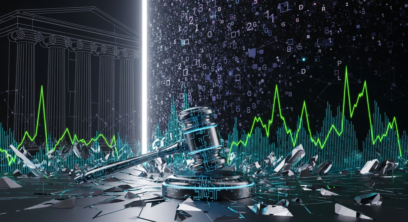 Imagem abstrata de um juiz futurista representando autoridade legal e ativos digitais.