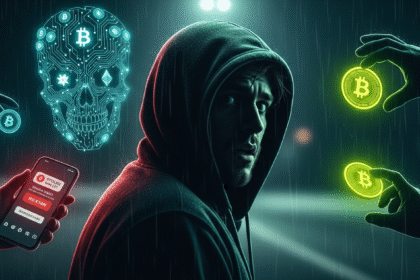 Imagem conceitual sobre riscos, crime e violência no universo das criptomoedas para investidores.