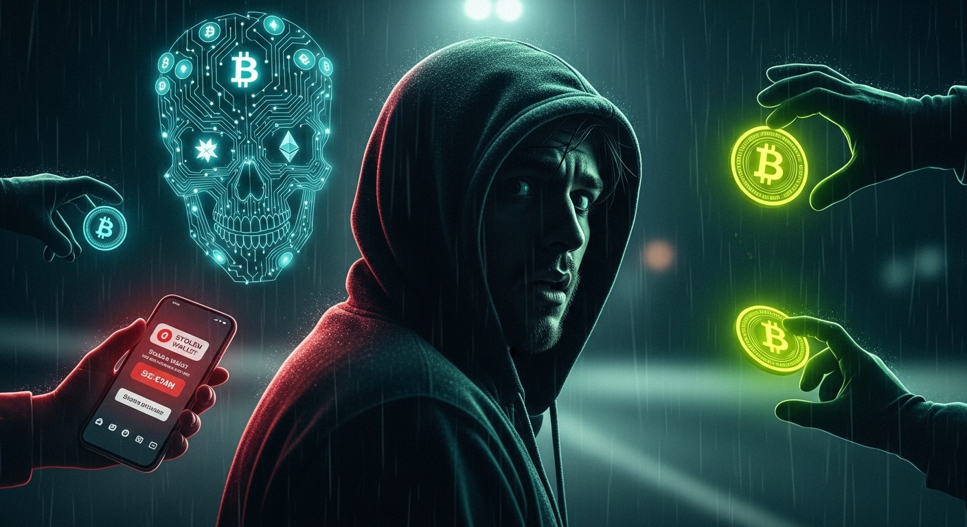 Imagem conceitual sobre riscos, crime e violência no universo das criptomoedas para investidores.