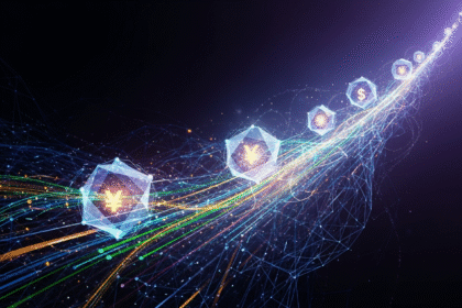 Rede abstrata de alta tecnologia com fluxos de dados brilhantes e nós interconectados para finanças digitais.