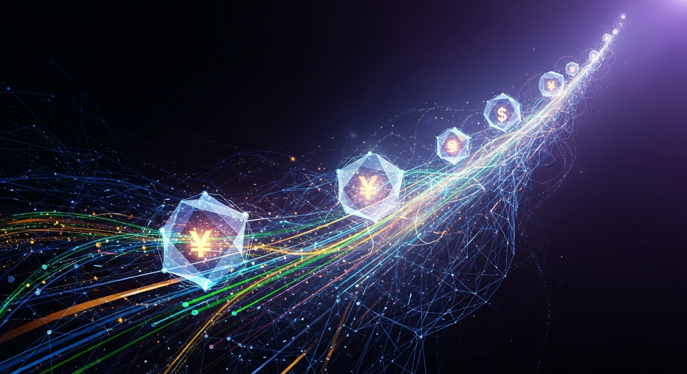 Rede abstrata de alta tecnologia com fluxos de dados brilhantes e nós interconectados para finanças digitais.