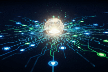 Arte abstrata moderna representando uma rede de pagamento digital segura com núcleo geométrico luminoso.