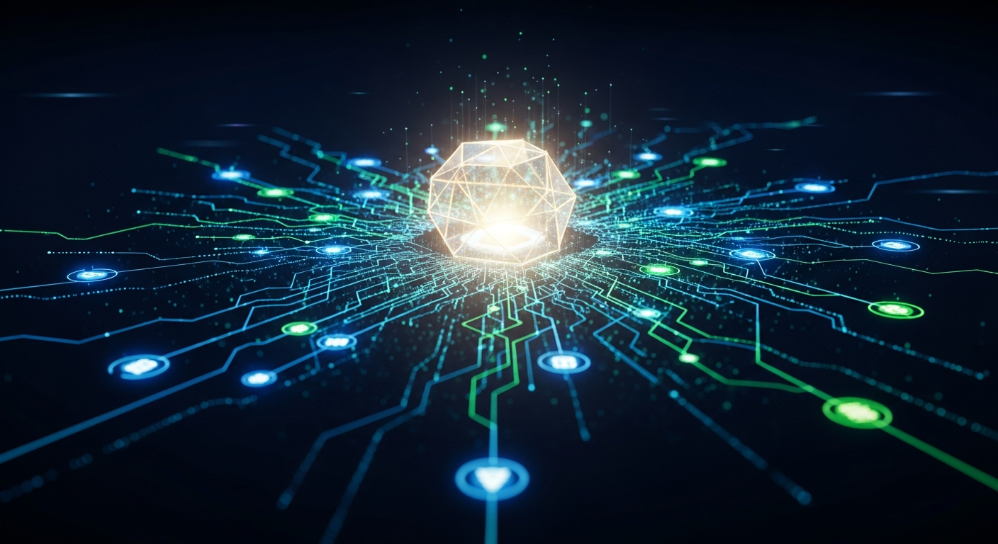 Arte abstrata moderna representando uma rede de pagamento digital segura com núcleo geométrico luminoso.