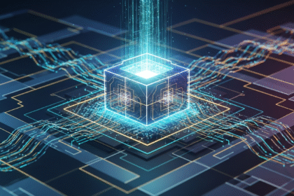 Uma estrutura geométrica abstrata e luminosa com padrões digitais, simbolizando privacidade e soberania financeira.