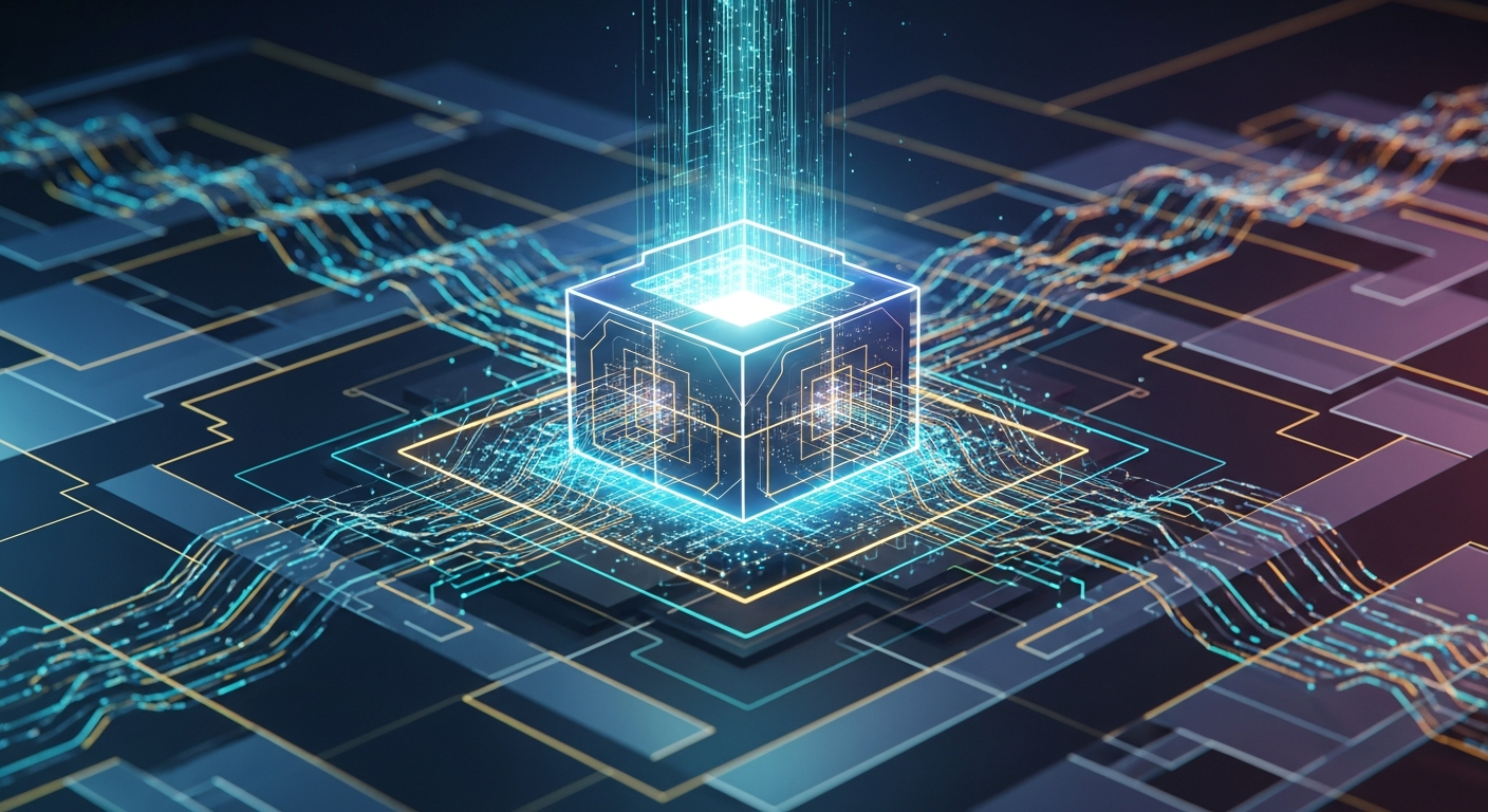 Uma estrutura geométrica abstrata e luminosa com padrões digitais, simbolizando privacidade e soberania financeira.