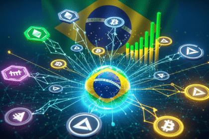 Arte digital abstrata de tokens cripto geométricos brilhantes sobre tributação no Brasil.