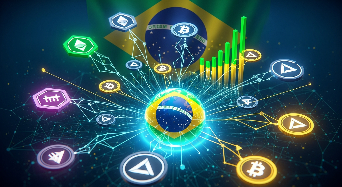 Arte digital abstrata de tokens cripto geométricos brilhantes sobre tributação no Brasil.