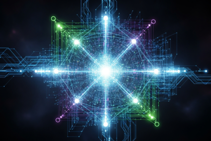 Arte digital abstrata moderna: estrutura geométrica complexa com fluxos de dados luminosos e nós.