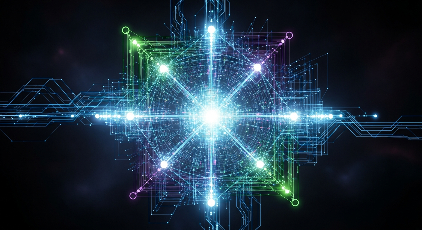 Arte digital abstrata moderna: estrutura geométrica complexa com fluxos de dados luminosos e nós.