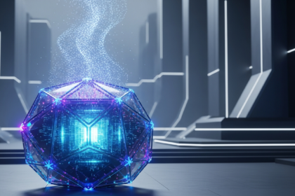 Arte digital moderna: grande estrutura geométrica brilhante, semelhante a um núcleo de dados cristalino.