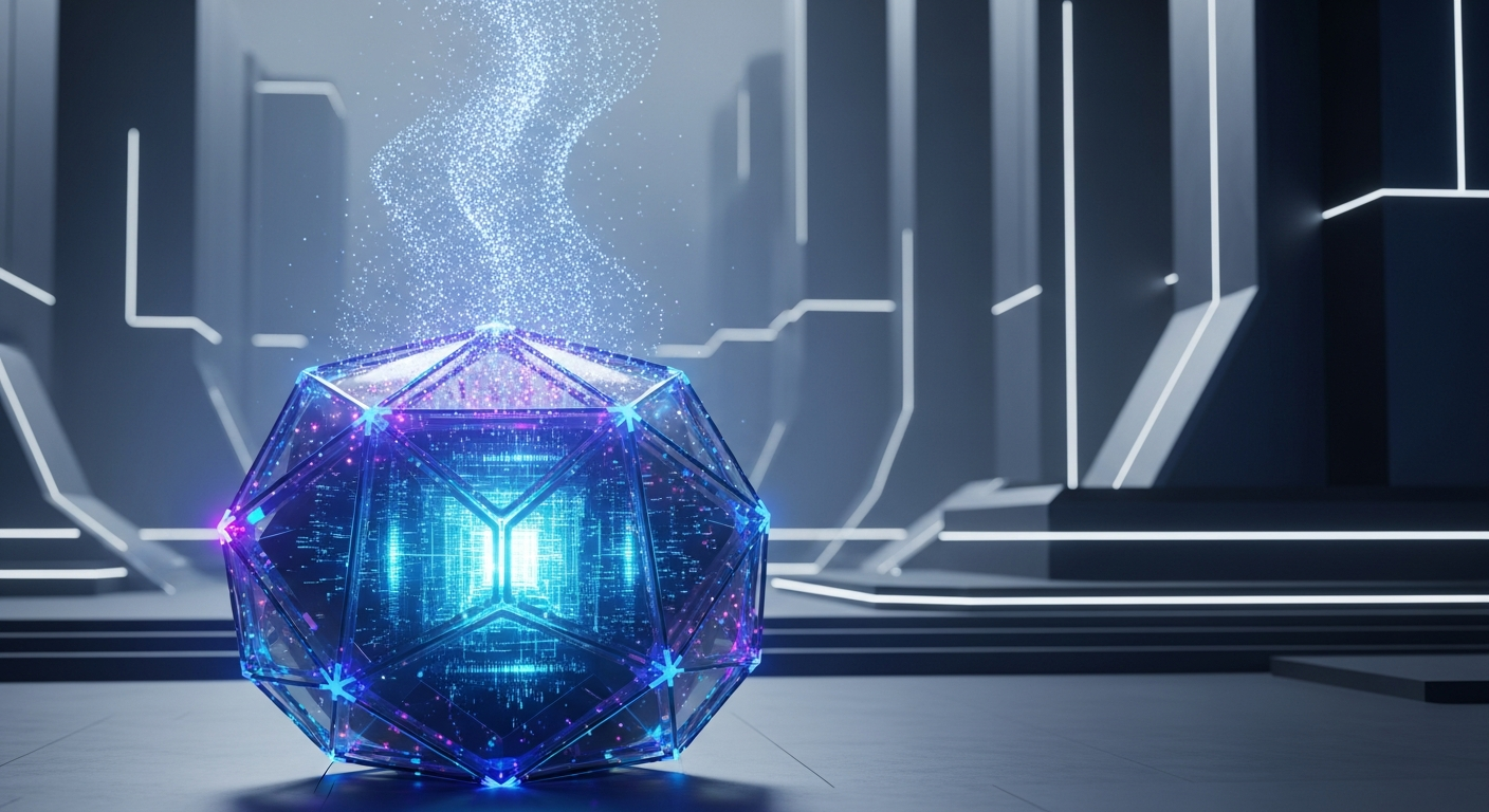 Arte digital moderna: grande estrutura geométrica brilhante, semelhante a um núcleo de dados cristalino.