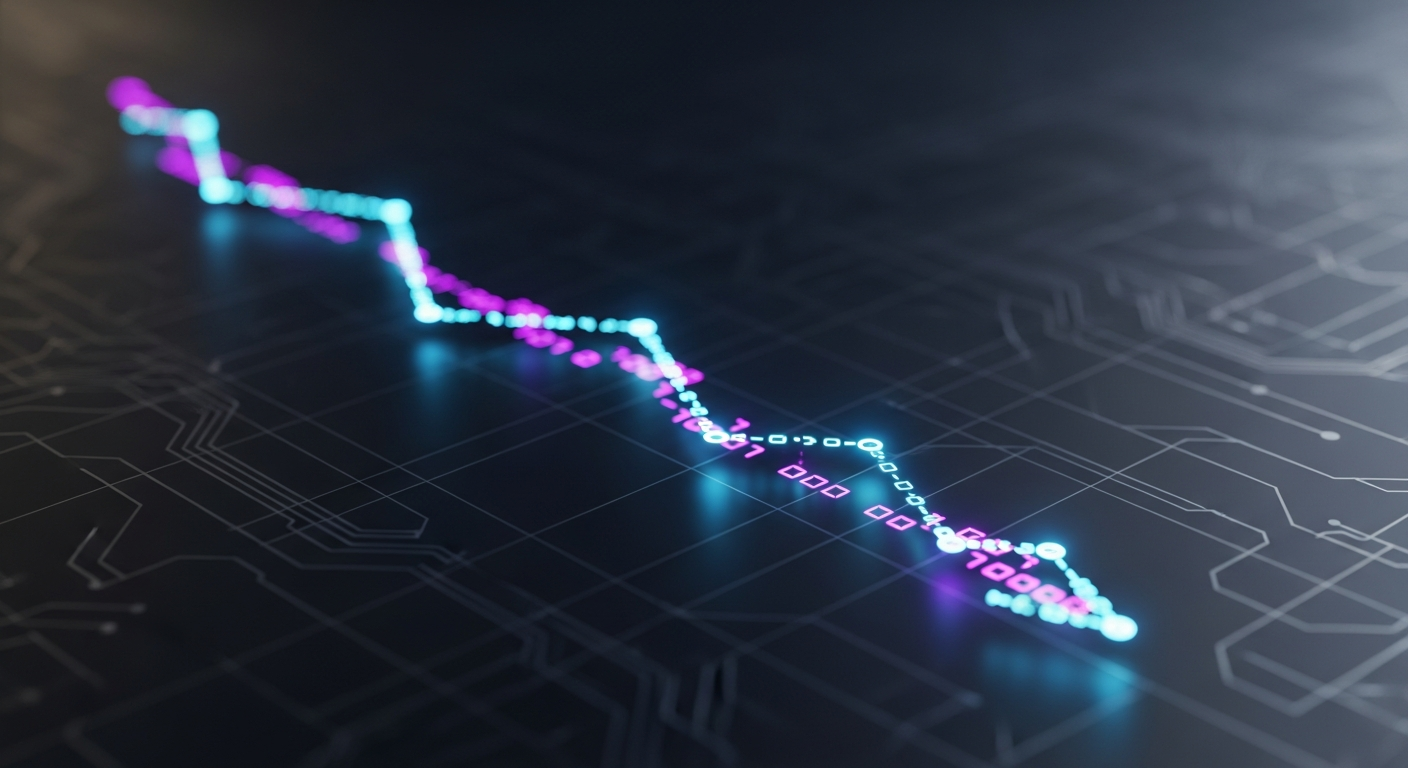 Gráfico digital minimalista em declive, com linha azul elétrica e pontos de dados roxos brilhantes.