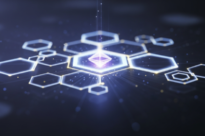 Rede descentralizada abstrata e brilhante de hexágonos geométricos interconectados, sugerindo Ethereum.