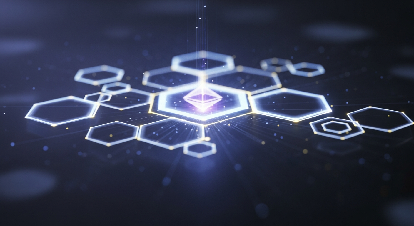 Rede descentralizada abstrata e brilhante de hexágonos geométricos interconectados, sugerindo Ethereum.