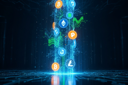 Pilar digital intrincado com símbolos de criptomoeda brilhantes, nós de blockchain e fluxos de dados.