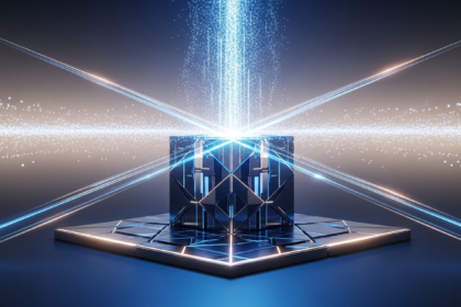 Imagem abstrata moderna: estrutura geométrica multifacetada, semelhante a bloco de dados cristalino ou arquitetura.
