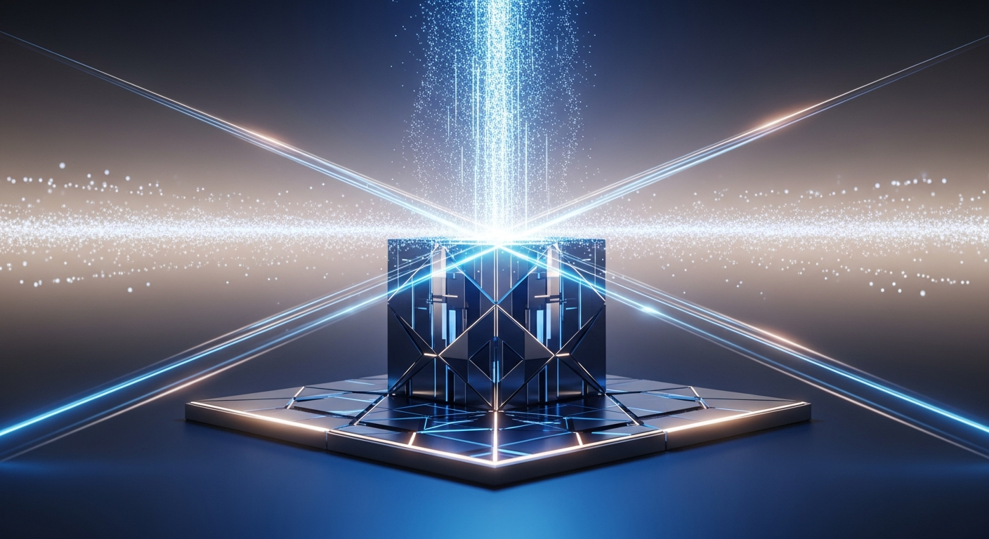 Imagem abstrata moderna: estrutura geométrica multifacetada, semelhante a bloco de dados cristalino ou arquitetura.