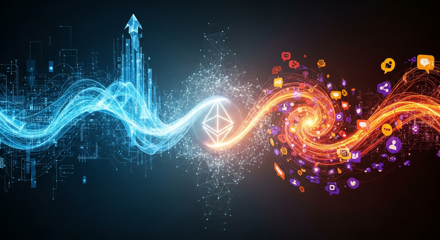 Imagem abstrata profissional com nexus central brilhante e dois fluxos de energia entrelaçados.