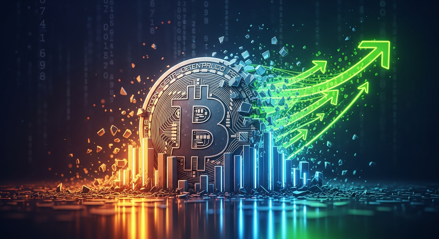 Arte digital moderna e geométrica do símbolo Bitcoin, representando sua luta e superação.