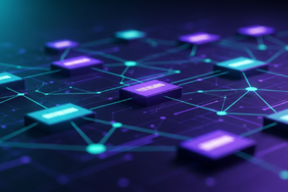 Rede dinâmica e futurista de nós de dados brilhantes e formas geométricas interconectadas.