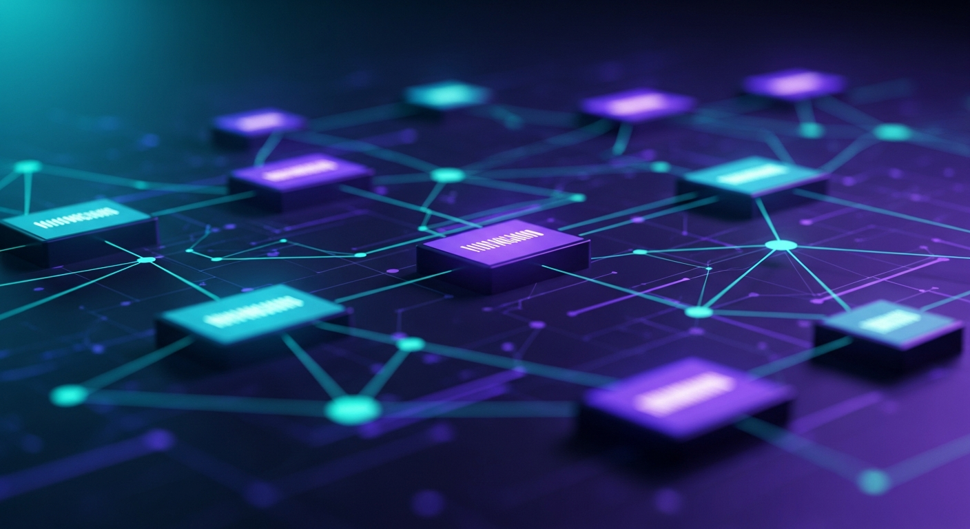 Rede dinâmica e futurista de nós de dados brilhantes e formas geométricas interconectadas.