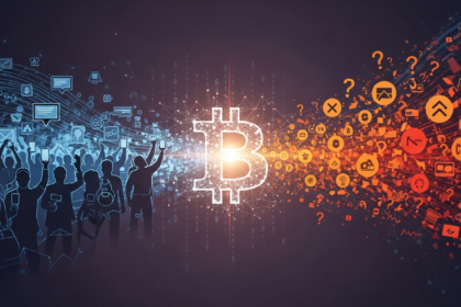 Símbolo digital abstrato no cruzamento da adoção massiva e compreensão do Bitcoin.