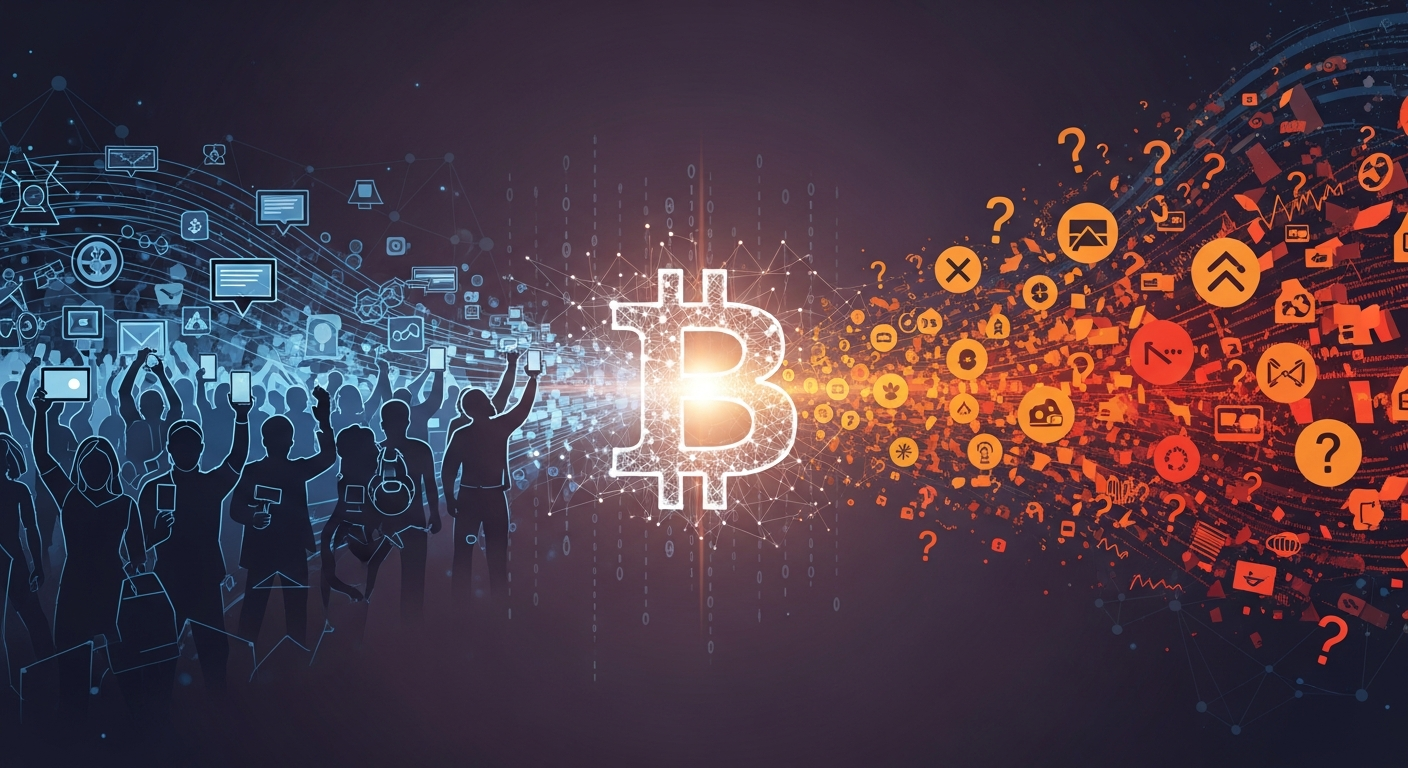 Símbolo digital abstrato no cruzamento da adoção massiva e compreensão do Bitcoin.