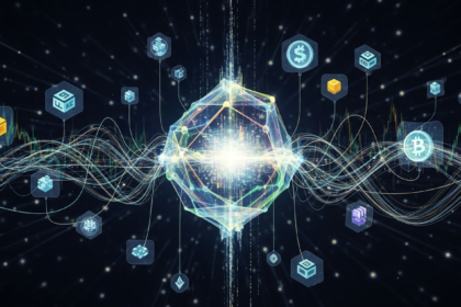 Abstract representation of cryptocurrency market as a dynamic digital ecosystem with glowing crystal structures.