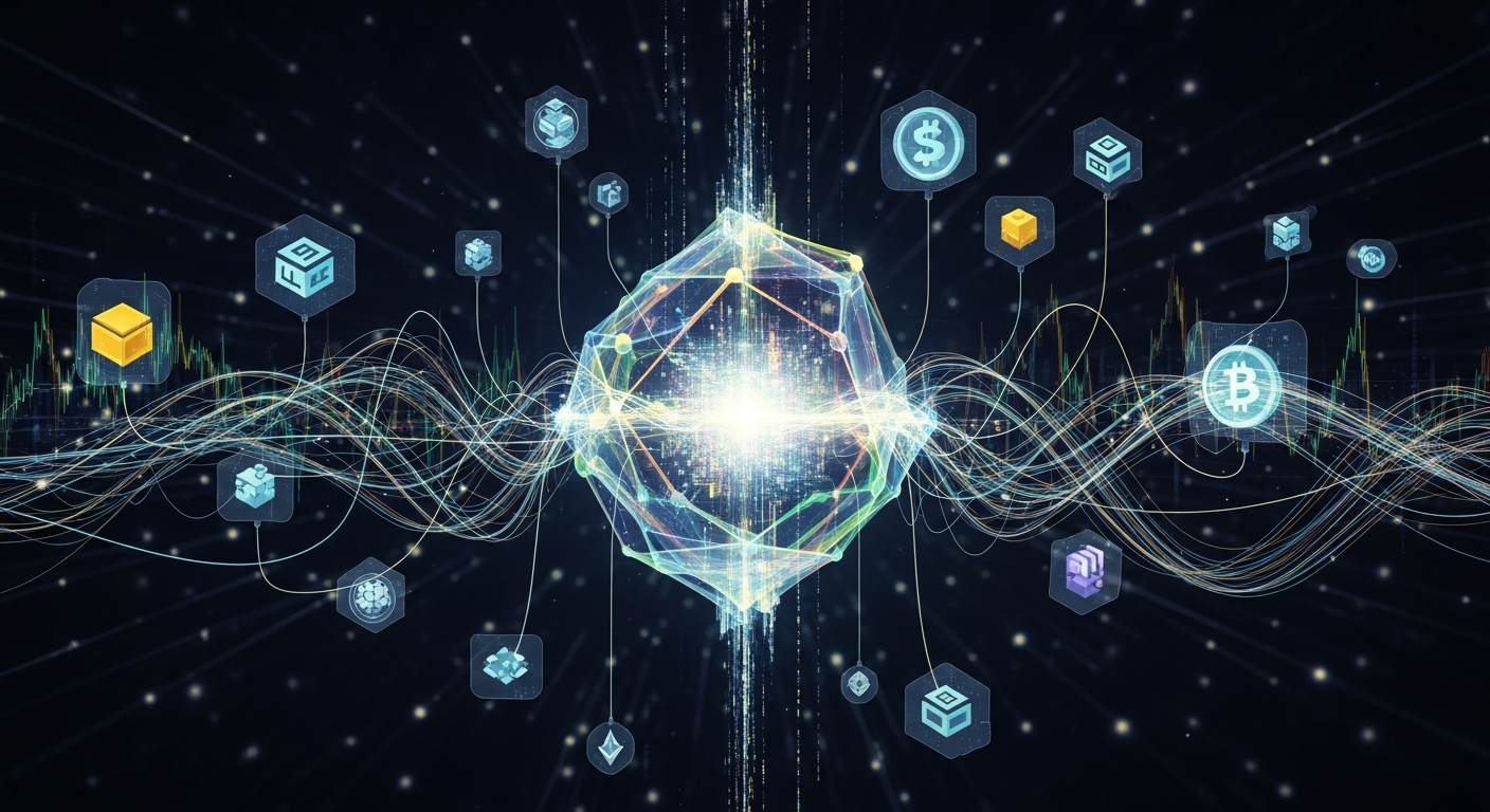 Abstract representation of cryptocurrency market as a dynamic digital ecosystem with glowing crystal structures.