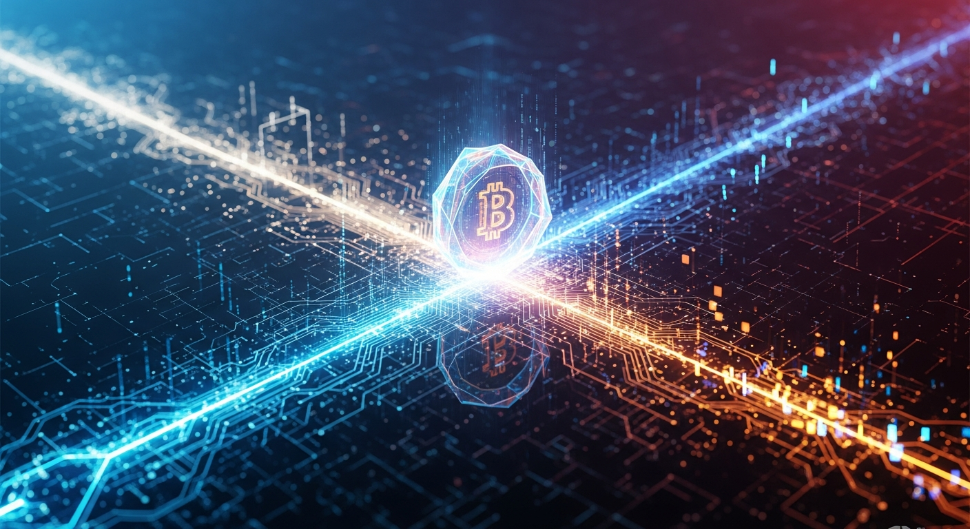 Arte digital abstrata: Bitcoin como forma geométrica brilhante em uma encruzilhada crítica.