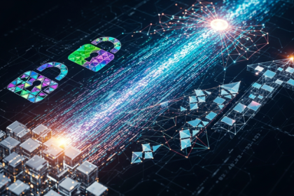 Arte digital abstrata: fluxos de dados luminosos e formas geométricas interconectadas em cascata ascendente.