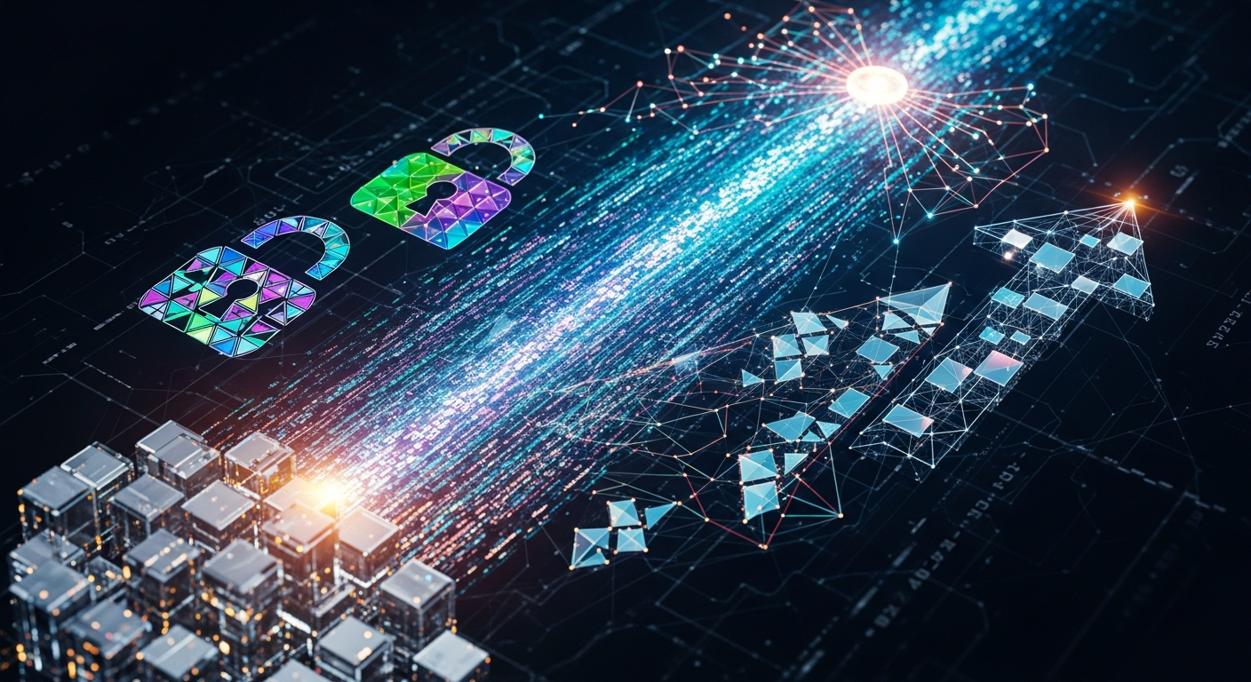 Arte digital abstrata: fluxos de dados luminosos e formas geométricas interconectadas em cascata ascendente.