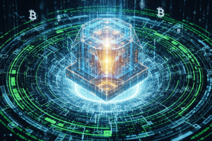 Abstrato e estilizado bloco digital brilhante ou forma geométrica complexa representando Bitcoin.